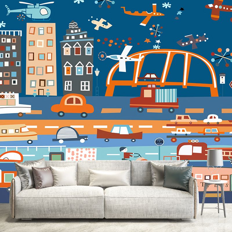 Blue-Orange Transportation Wall Murals Stain Resistant Childrens Art Bedroom Wall Covering
