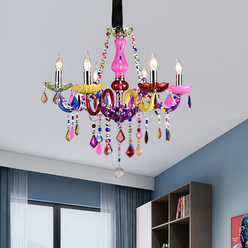 Multi-Colored Glass Chandelier with Crystal Bead 6 Lights Kids Hanging Pendant for Kindergarten