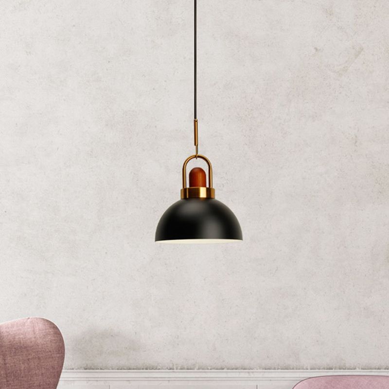 Metal Hemispherical Hanging Light Nordic Style 1 Light  Restaurant Ceiling Pendant Lamp with Wooden Top