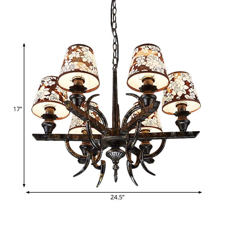 6 Lights Metal Hanging Chandelier Country Rust Tapered Dining Room Pendant Light Fixture with Fabric Shade