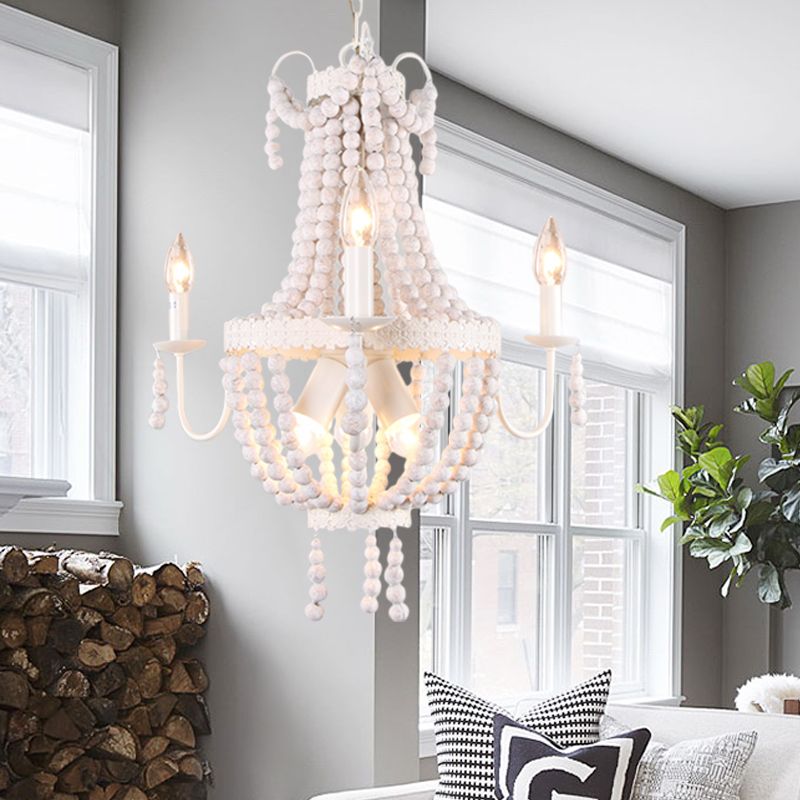 White 6/9-Head Chandelier Light Transitional Wooden Beaded Basket Hanging Ceiling Pendant