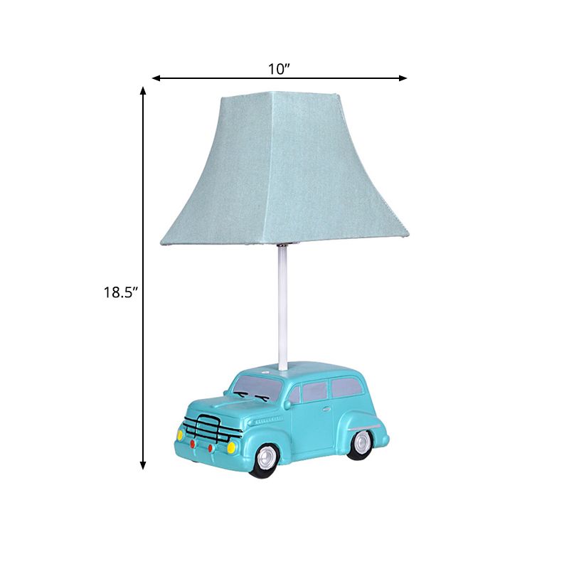 Green Car Nightstand Lamp Kids 1 Bulb Resin Table Lighting with Pagoda Fabric Lamp Shade
