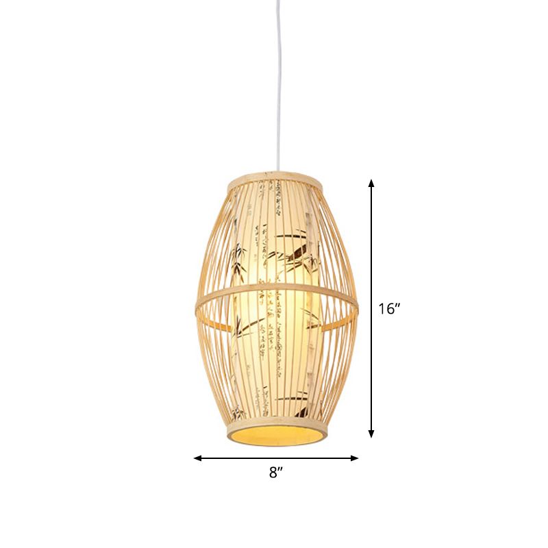 Diamond/Drum/Barrel Drop Pendant Asian Style Bamboo 1-Light Restaurant Hanging Light Kit in Beige