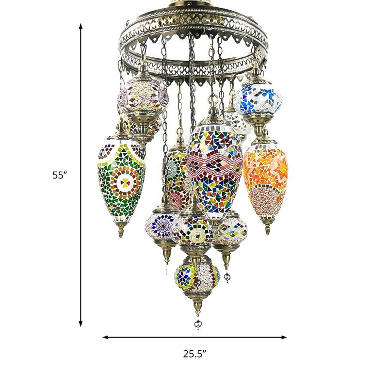 Traditionary Ball and Teardrop Chandelier Lamp Colorful Glass 12 Heads Ceiling Light Fixture in Bronze for Restaurant