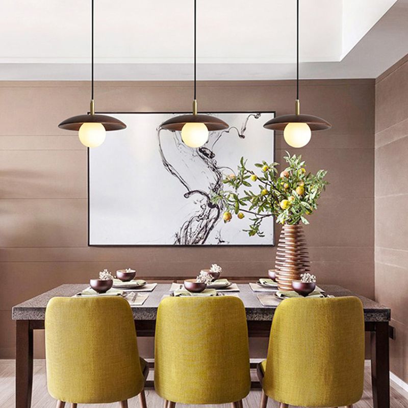 Dark Brown Saucer Pendant Lighting Simple 1-Light Wooden Ceiling Light with White Glass Shade