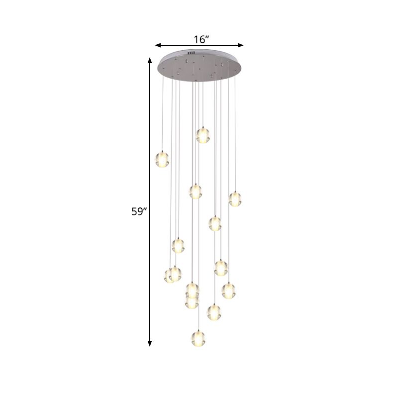 14-Bulb Crystal Cluster Pendant Light Modern White Meteor Shower Stair Hanging Lamp with Round/Linear Canopy