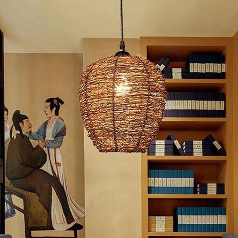 Brown Geometry Suspension Lamp Rustic Single Rattan Hanging Pendant Light for Living Room