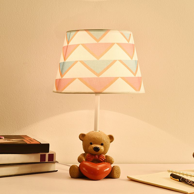 Fabric Empire Shade Table Lamp Cartoon 1 Head Brown Nightstand Light with Resin Bear and Heart