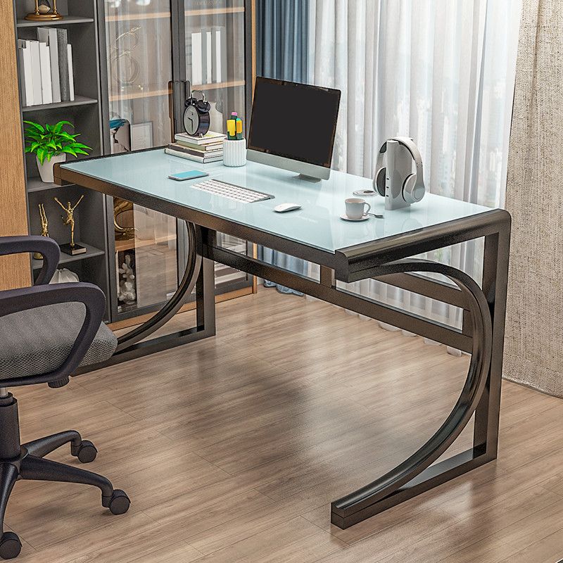 Contemporary Office Desk Antique Finish Glass Computer Desk with Metal Legs