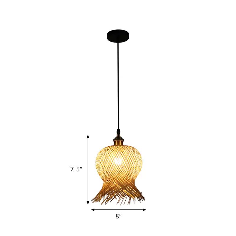 Jellyfish Shape Hand-Woven Bamboo Hanging Lamp Asian 1-Light Beige Pendant Light for Restaurant