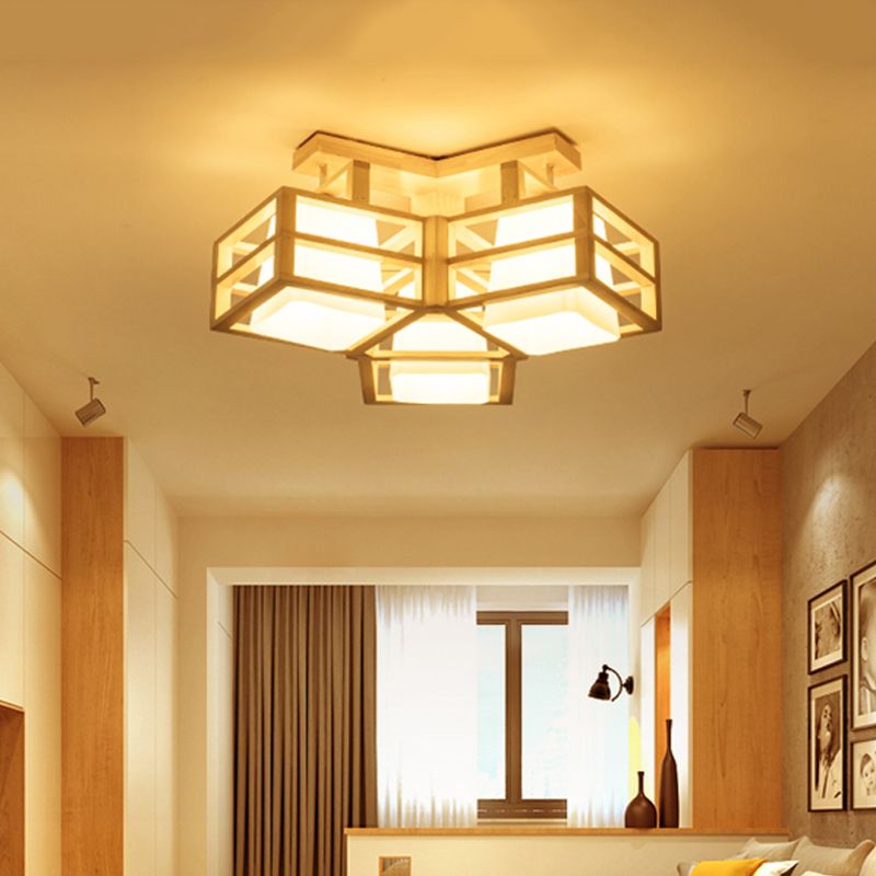 Opaline matglas kubus plafondlicht modern 3 koppen beige semi -spoelbevestiging verlichting met houten kooisacht