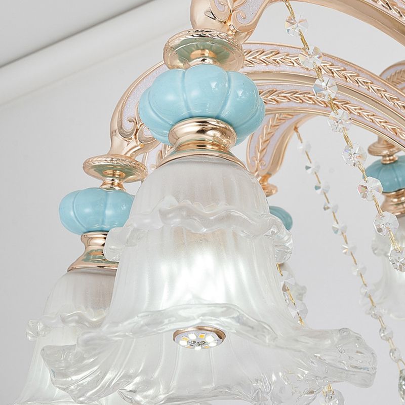 Textured Glass Blue Chandelier Pendant Light Flared Ruffle Vintage Hanging Light with Crystal Accent