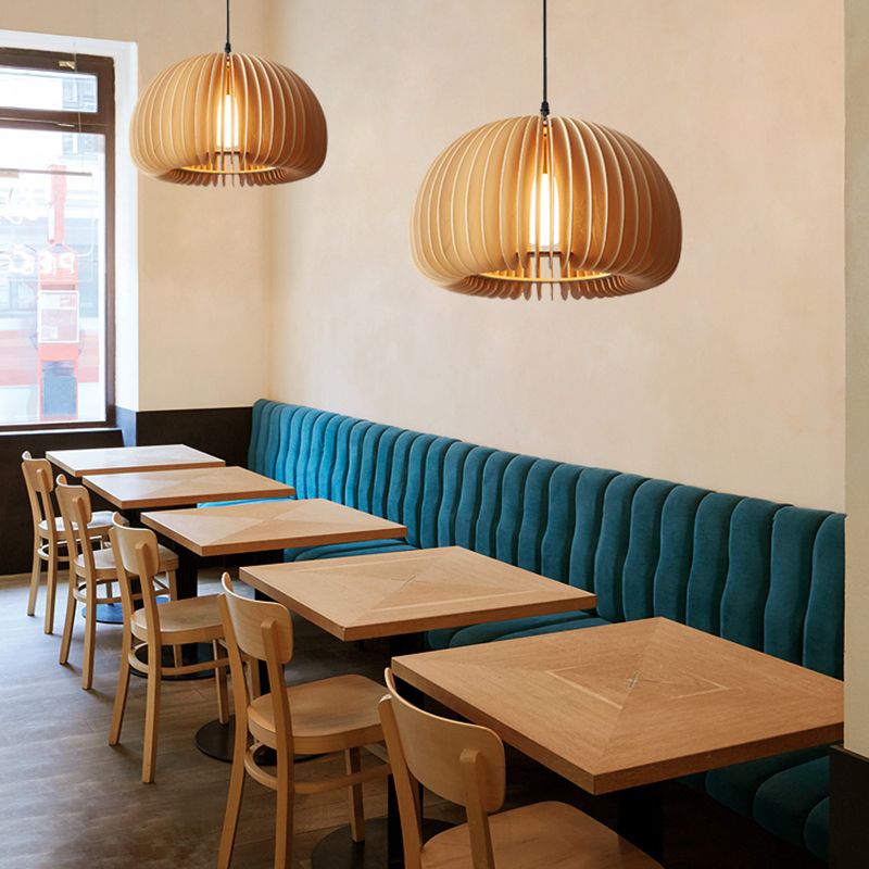 Lampada a ciondolo a cupola in legno Moderna 1 testa da 16,5 "Luce di sospensione beige larga per il ristorante