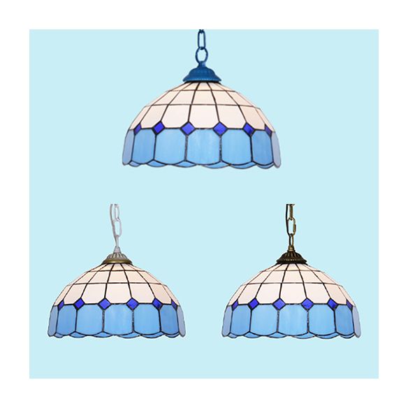 Mediterranean Dome Hanging Light Stained Art Glass 1 Bulb Pendant Light Fixture in White/Blue/Bronze