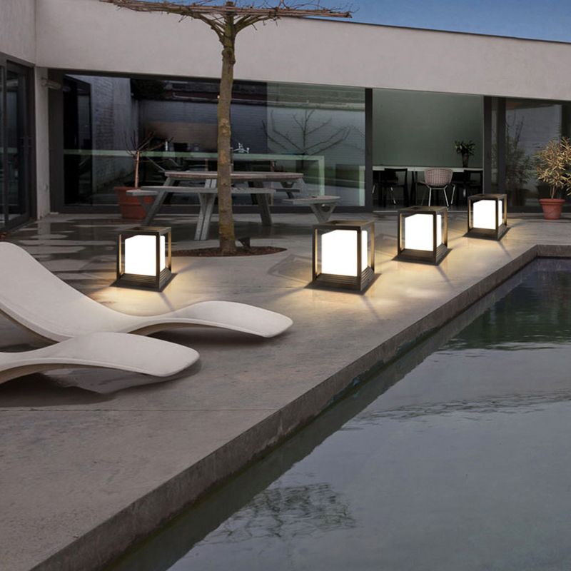 Metal Rectangular Shape Outdoor Lights Modern 1 Light Waterproof Pillar Lamp in Black