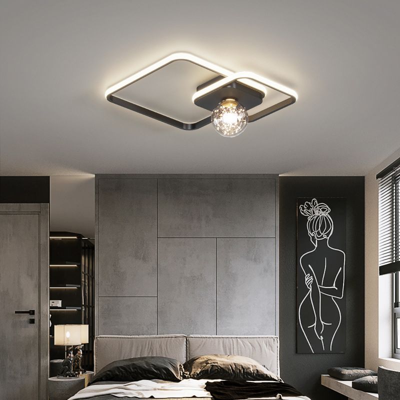 Frame Shaped LED Ceiling Lamp Minimalist Metal Bedroom Flush Mount Light with Glass Shade