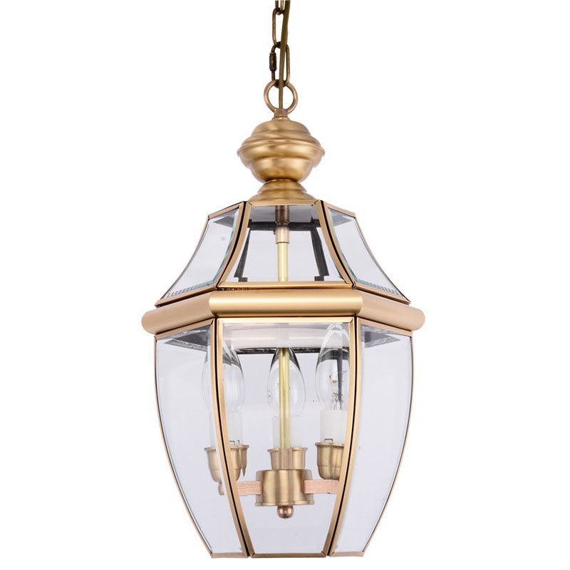 3 ampoules Lantern Pendant Light Colonial Gold Gold Glack Glass Chandelier Lampe pour le couloir