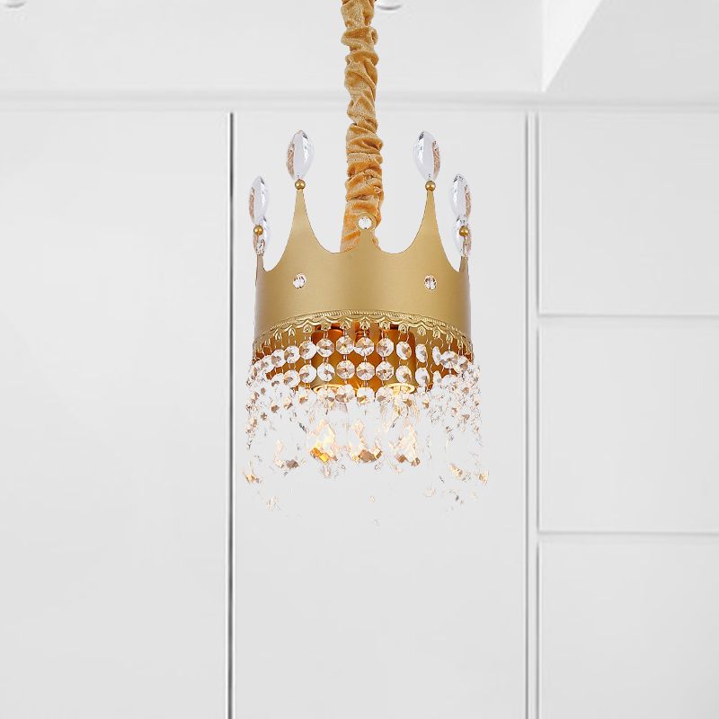 Crown Bedroom Chandelier Metallic 2/4/6 Heads Kids Pendant Light Fixture in Gold with Crystal Drop Deco