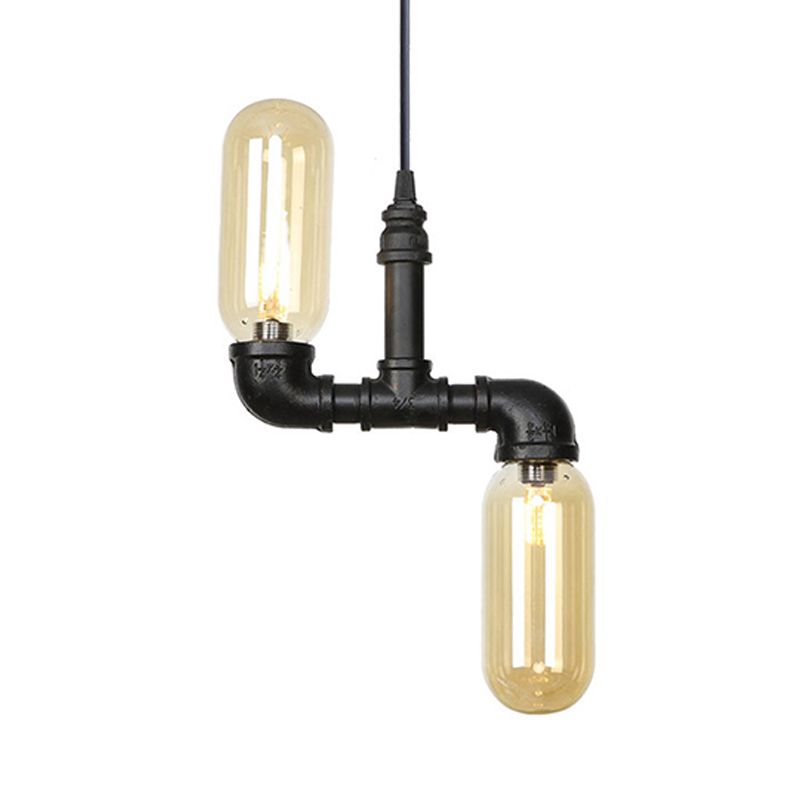 Amber Glass Black Suspension Light Pill Capsule 2-Light Industrial LED Chandelier Pendant Lamp