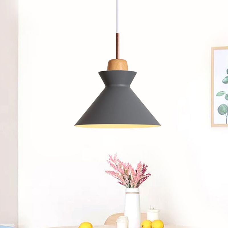 Funnel Dining Table Suspension Pendant Aluminum 1 Light Nordic Ceiling Lamp in Grey with Wood Cork
