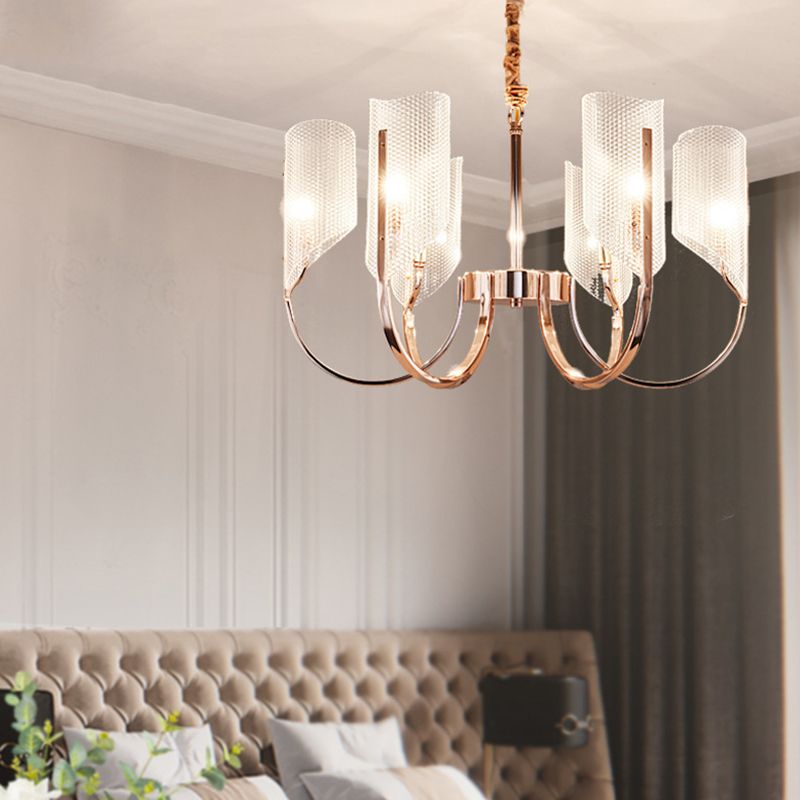 Araña de araña de estilo posmoderno de oro rosa con textura de diamante de brazo de ángulo ajuste de iluminación de sombra acrílica para sala de estar