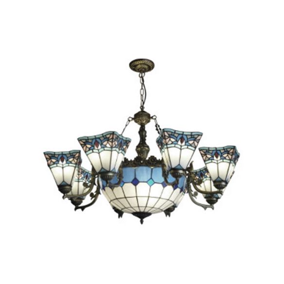 Industrial Vintage Geometric Hanging Pendant Stained Glass 9 Lights Suspension Light for Living Room
