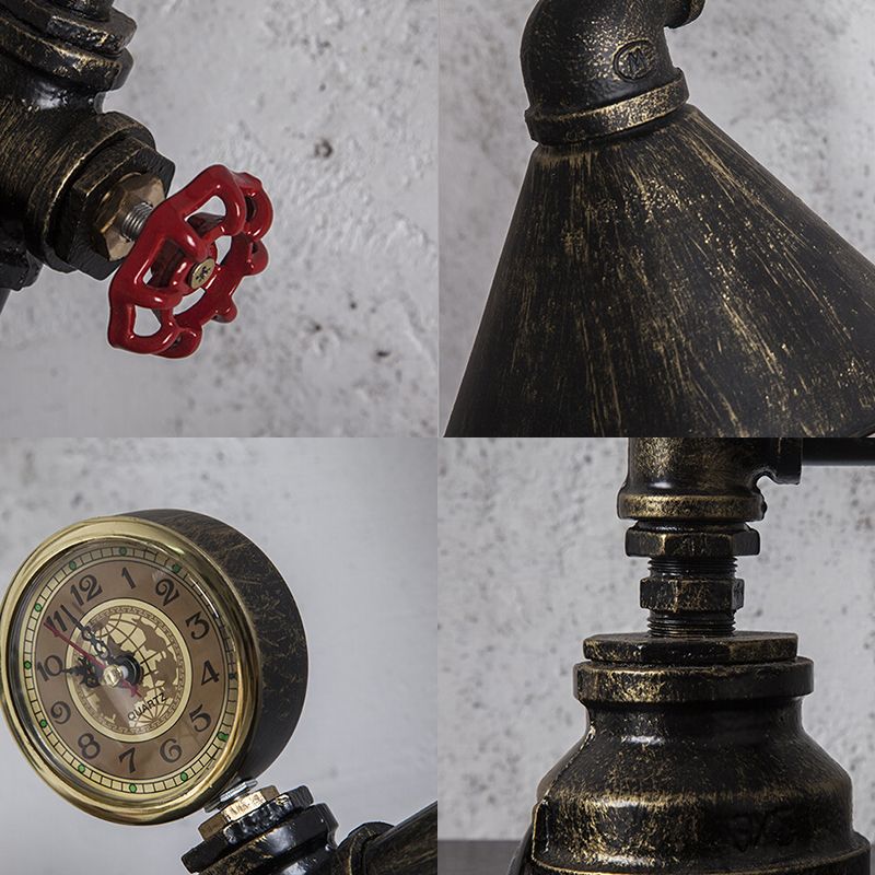 Lampada da tavolo da tavolo in metallo conico stile industriale 1 luce da letto leggera luce con valvola rossa e orologio in bronzo