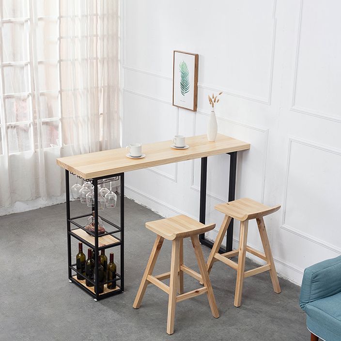 Natural Rectangle Bar Dining Table Pedestal Solid Wood Bar Height Table with Shelves