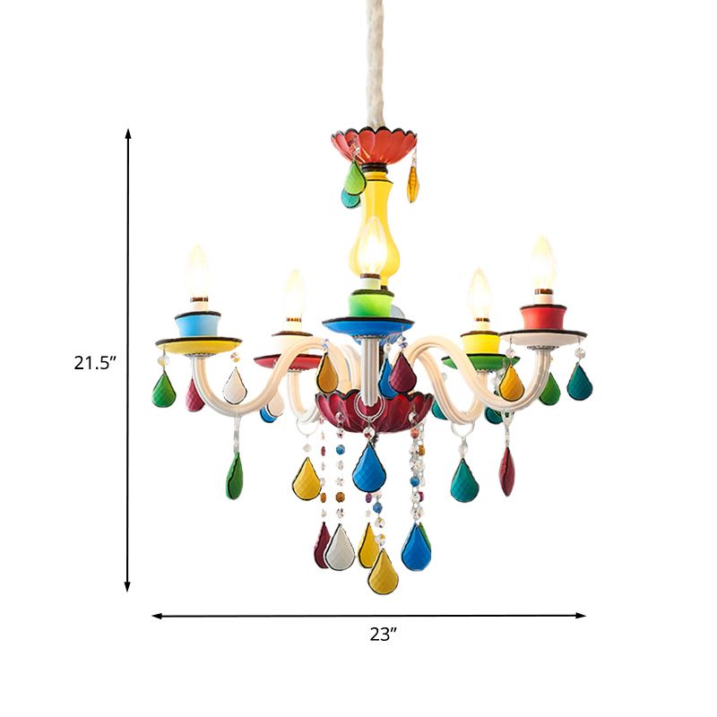 Crystal Candle Pendant Lighting Macaroon 5/6/8 Heads Red-Yellow-Blue-Green Chandelier Light Fixture