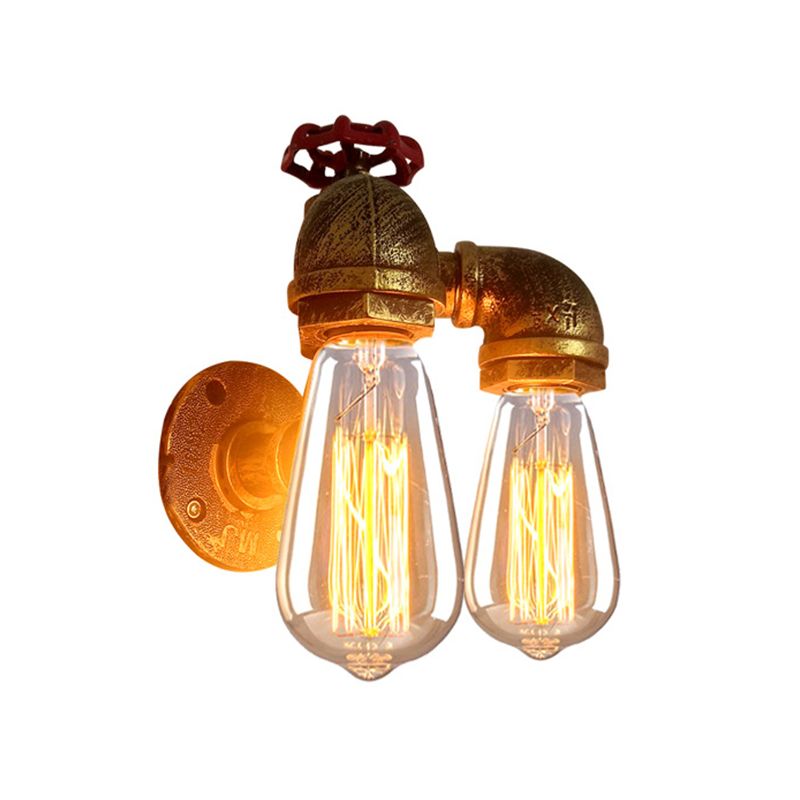 Curved Pipe Metal Wall Lighting Factory 2 Heads Dining Room Wall Light Sconce in Rust with Valve Decoration