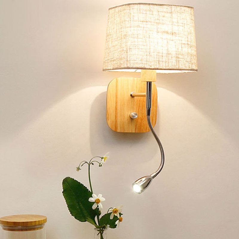 Geometric Fabric Reading Wall Light Nordic 2-Light Natural Wood Wall Lamp with Switch