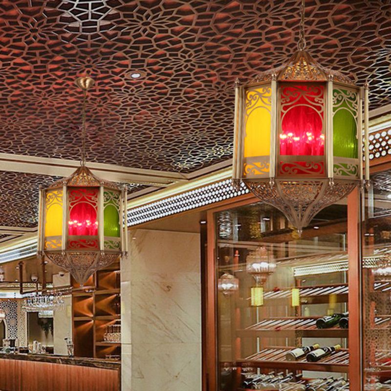 1 Bulb Metal Ceiling Lamp Art Deco Brass Hexagonal Restaurant Hanging Light Fixture