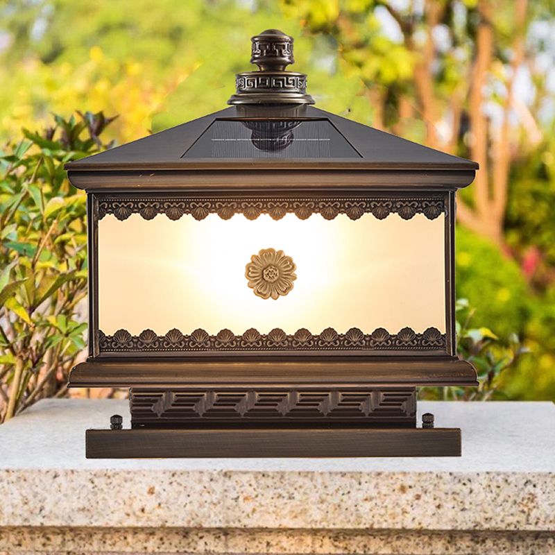 Rectangle Shape Metal Solar Pillar Lamp Modern 1-Light Outdoor Waterproof Light in Bronze