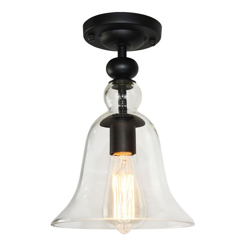 Bell Shade Living Room Semi Flush Industrial Clear Glass One Light Black Ceiling Lighting