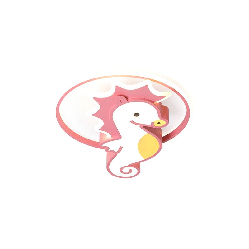 LED Nursery Flush Mount Light Cartoon Pink Ceiling Lighting with Sea Horse Metal Shade