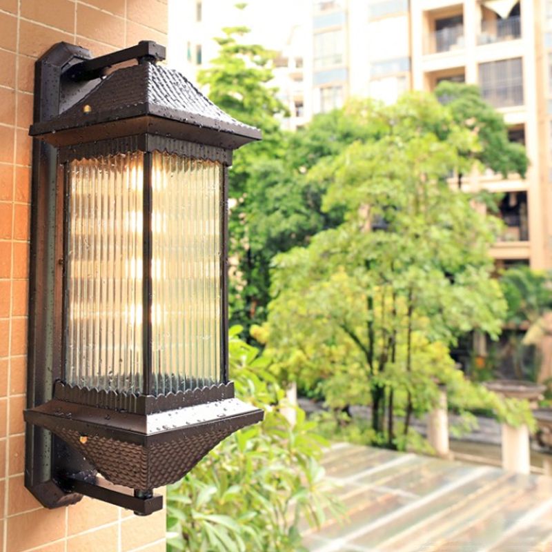 Ribbed Glass Rectangular Shade Wall Light Classic Single Outdoor Wall Lighting Fixture in Coffee