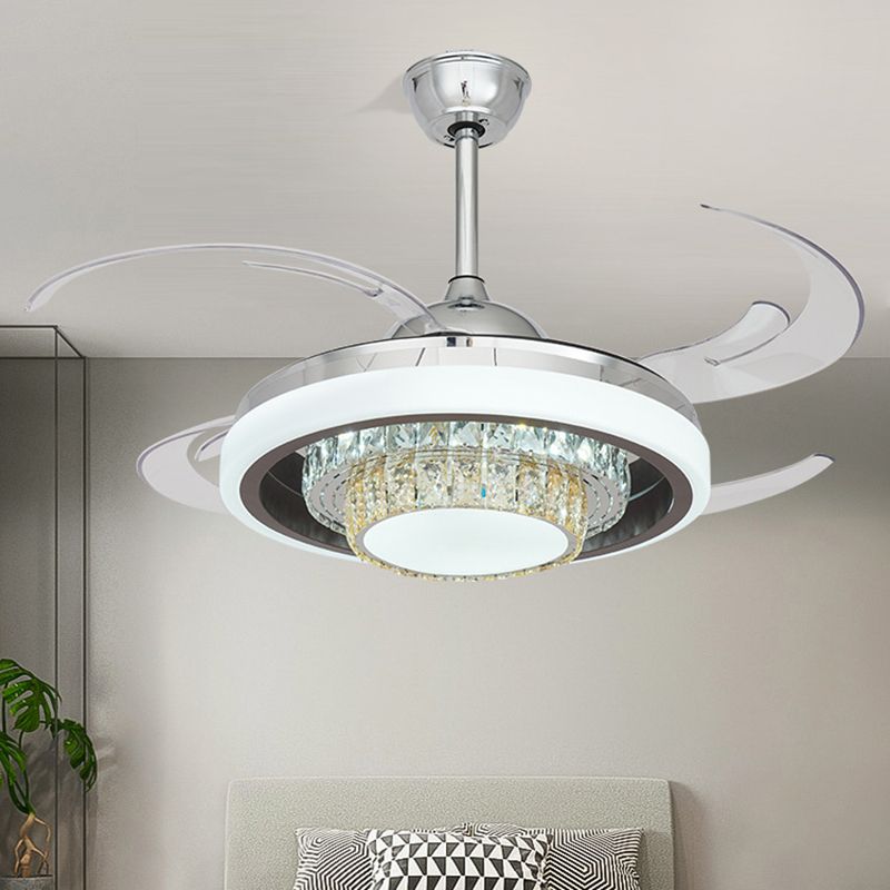 LED Metall Hanging Lüfter leichte moderne silberne runde Wohnzimmer Halbflush -Decke mit 4 klaren Klingen, 42 "W.