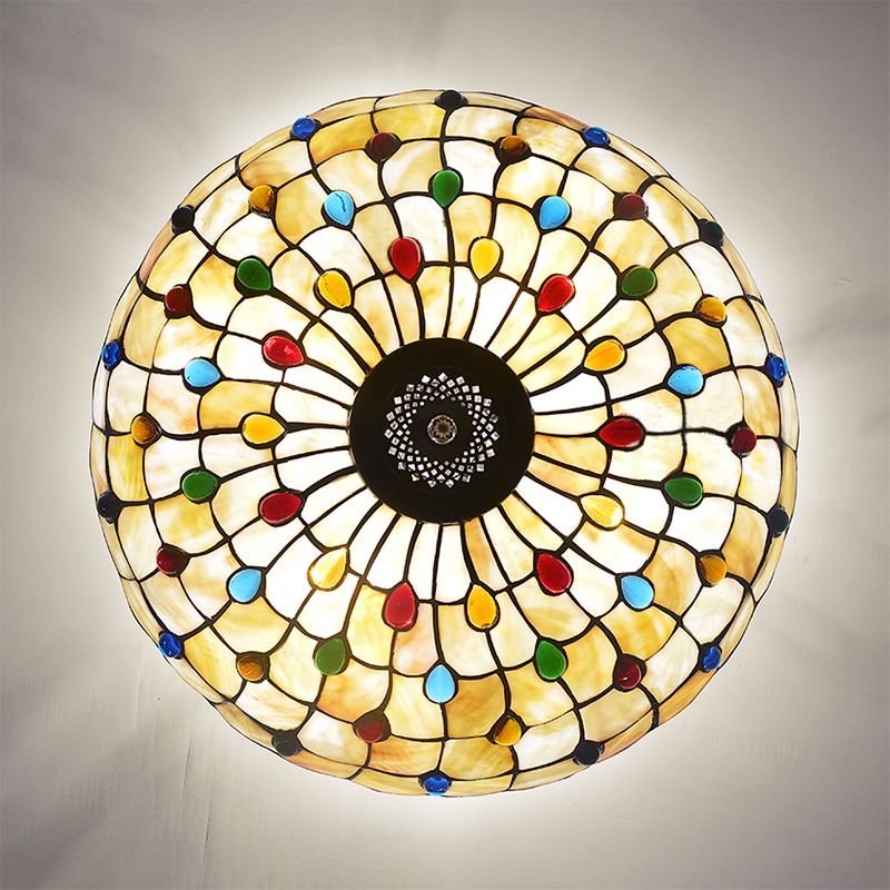 Vintage Bowl Ceiling Light Stained Glass 4 Heads Jewel Semi Flush Ceiling Fixture in Beige