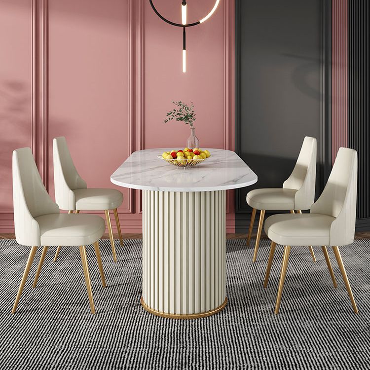 Mesa blanca de piedra sinterizada ovalada, mesa de pedestal doble de lujo para comedor