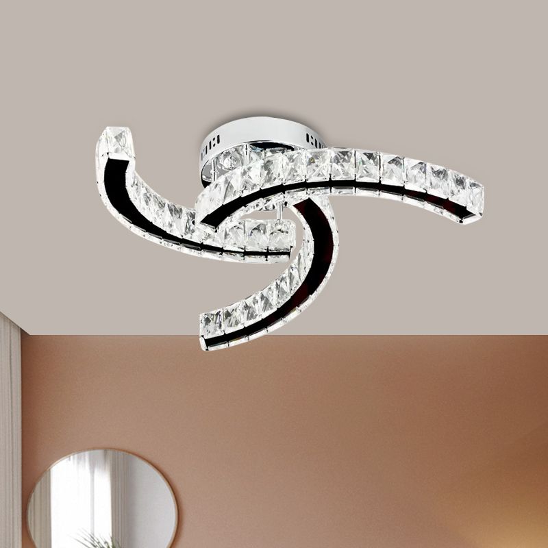 Modernist Curved Linear Ceiling Lamp Crystal Block LED Parlor Semi Flush Lamp in Stainless-Steel, Warm/White Light