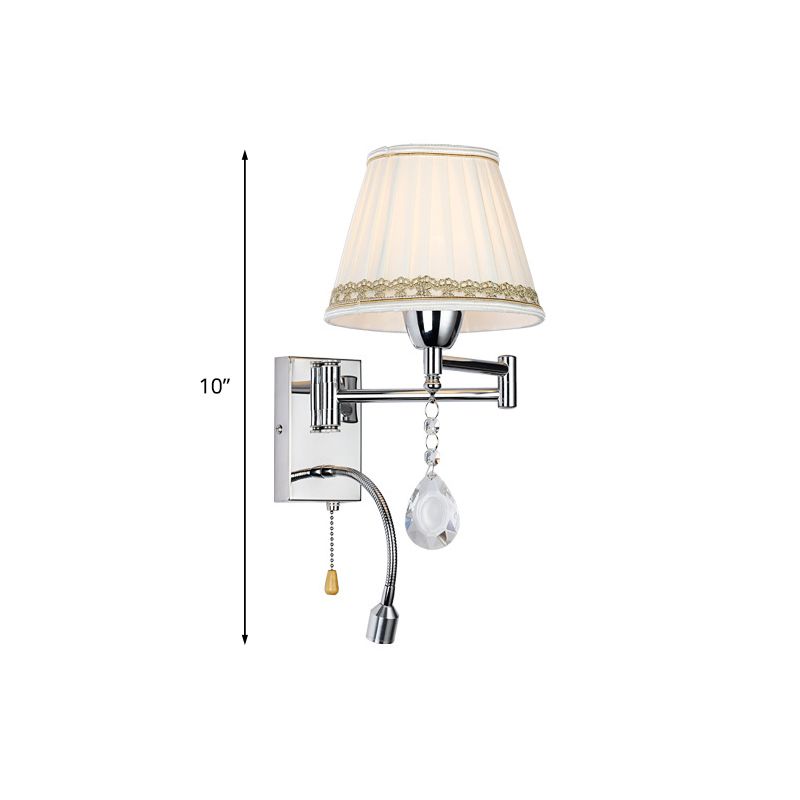 1-Head Reading Wall Light Modern Pleated Fabric Braided-Trimmed Cone Sconce with Chrome Extendable Arm