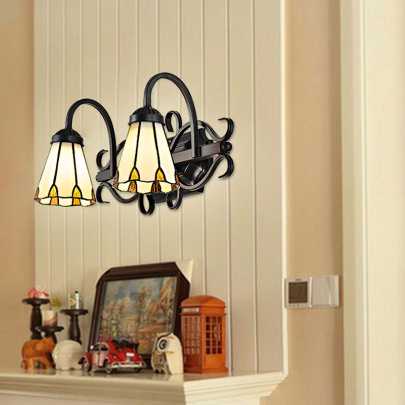 Vintage Retro Cone Sconce Light with Gooseneck Stained Glass 2 Heads Wall Light in Beige for Bedroom