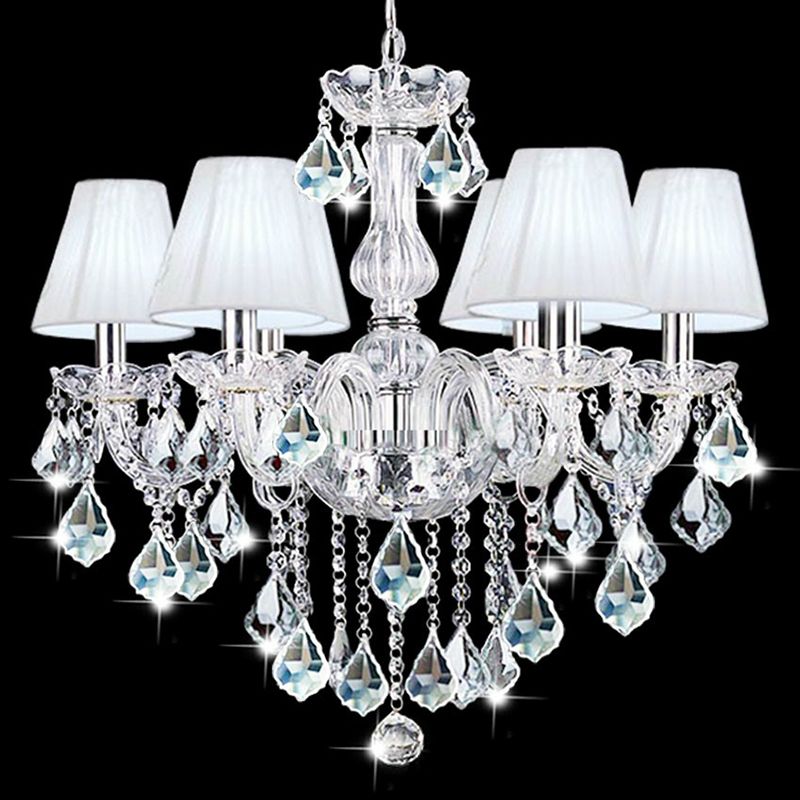 Pleated Fabric White Chandelier Empire Shade Transitional Pendant Light with Crystal Pendalogues