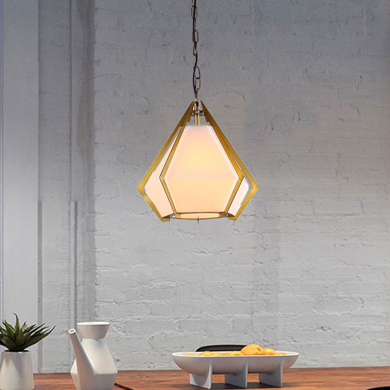 Diamond Restaurant Ceiling Pendant Lamp Colonialism White/Smoke Gray/Tan Glass 1 Bulb Gold Hanging Light Fixture