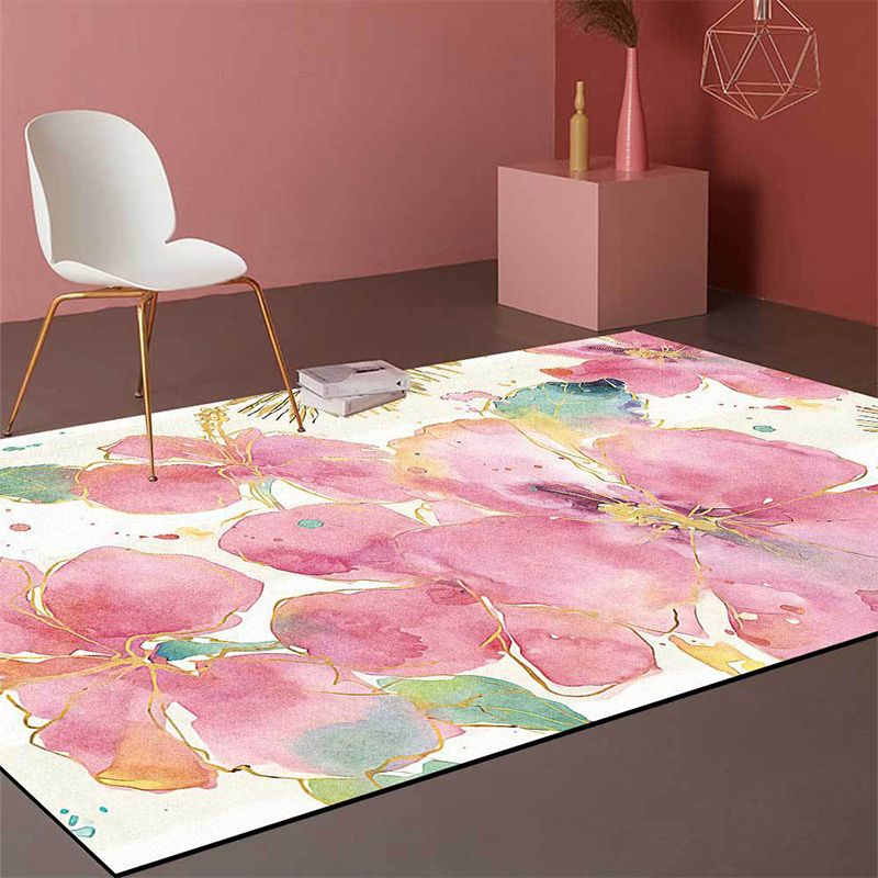 French Country Floral Pattern Rug Pink and White Polyester Rug Machine Washable Non-Slip Backing Area Rug for Living Room