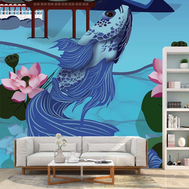 Chinoiserie Moon Night Pavilion Mural Blue Carp and Lotus Pond Wall Covering for Bedroom