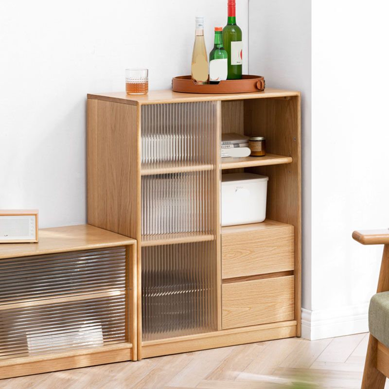Natural Solid Wood Grooves Glass Paned Living Room Accent Cabinet with Shelves