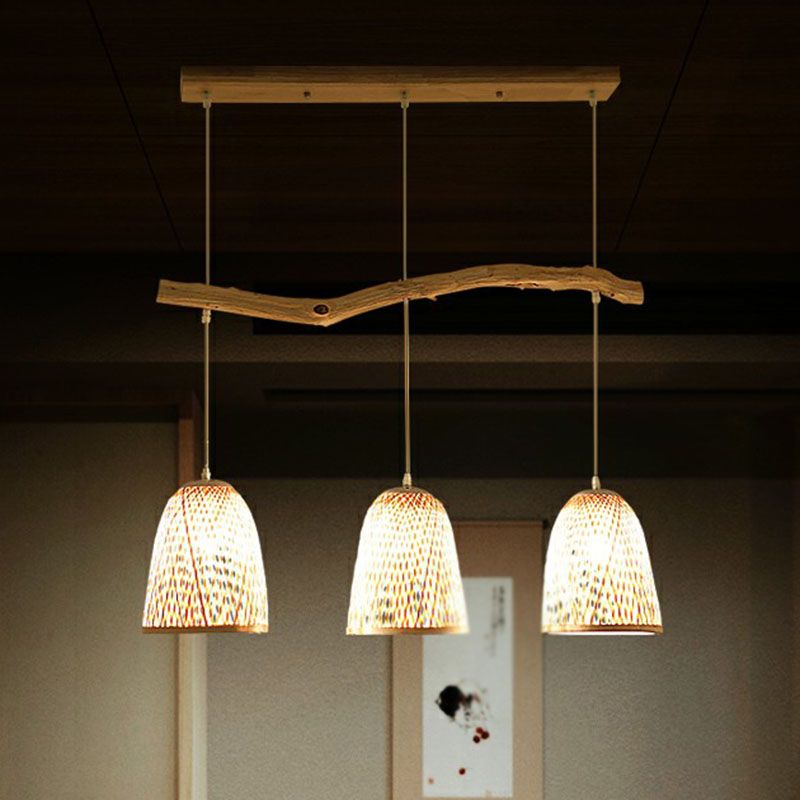 Bell Shade Pendant Light South-east Asia Bamboo 3 Heads Tea Room Hanging Island Light in Wood