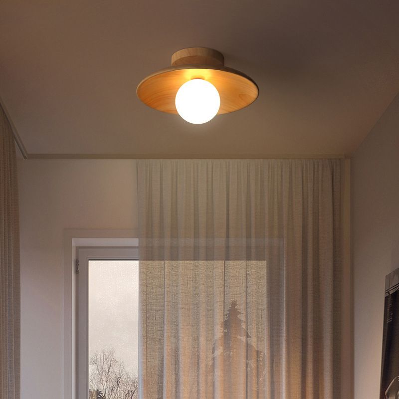 Wodden Ceiling Lamp Modern Ceiling Mount Light with Glass Shade for Living Room