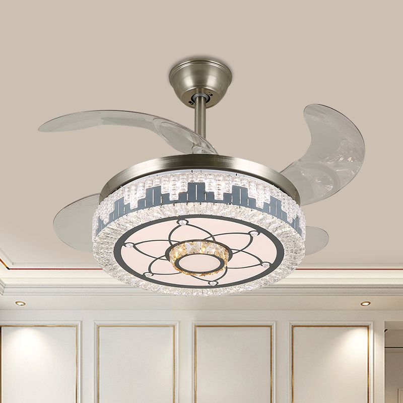 Roestvrijstalen LED-hangende ventilatorlamp Moderne heldere kristallen blokken rond semi-spoellicht met 4 messen, 19 "breedte